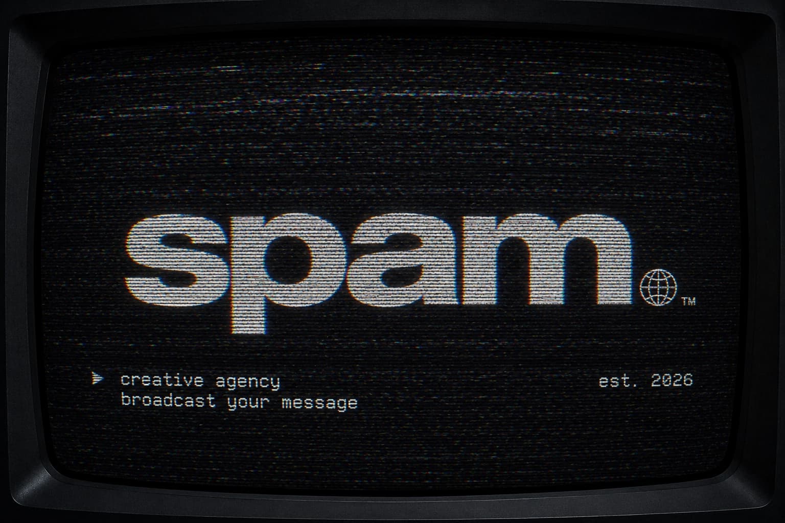Televisor CRT mostrando el wordmark spam — creative agency
