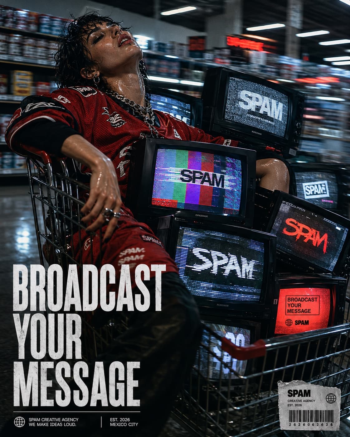 Carrito de súper lleno de televisores CRT transmitiendo SPAM · broadcast your message