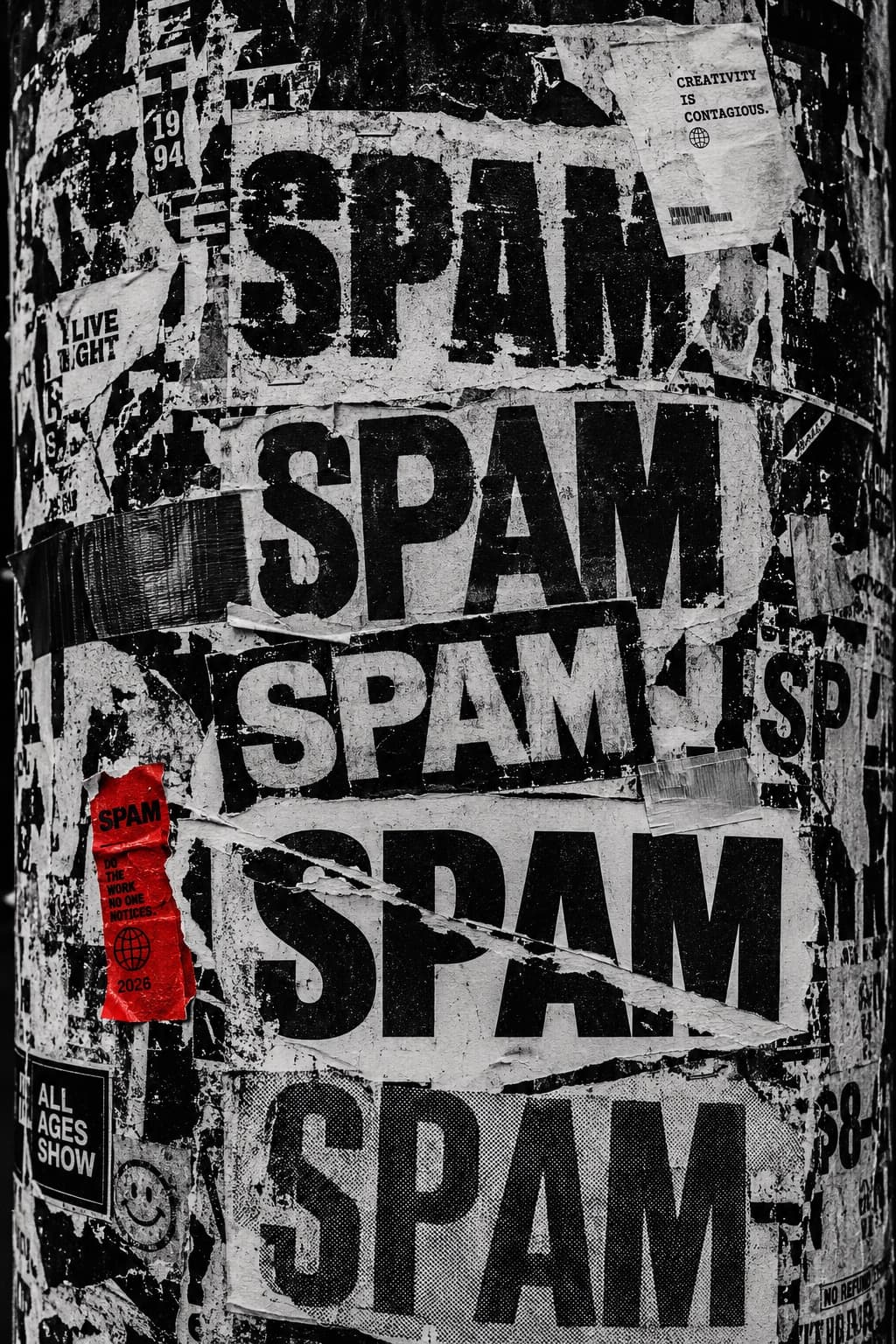 Muro de posters rotos repitiendo el wordmark SPAM