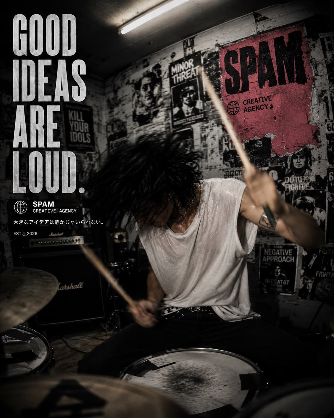 Baterista tocando en un cuarto de ensayo — good ideas are loud
