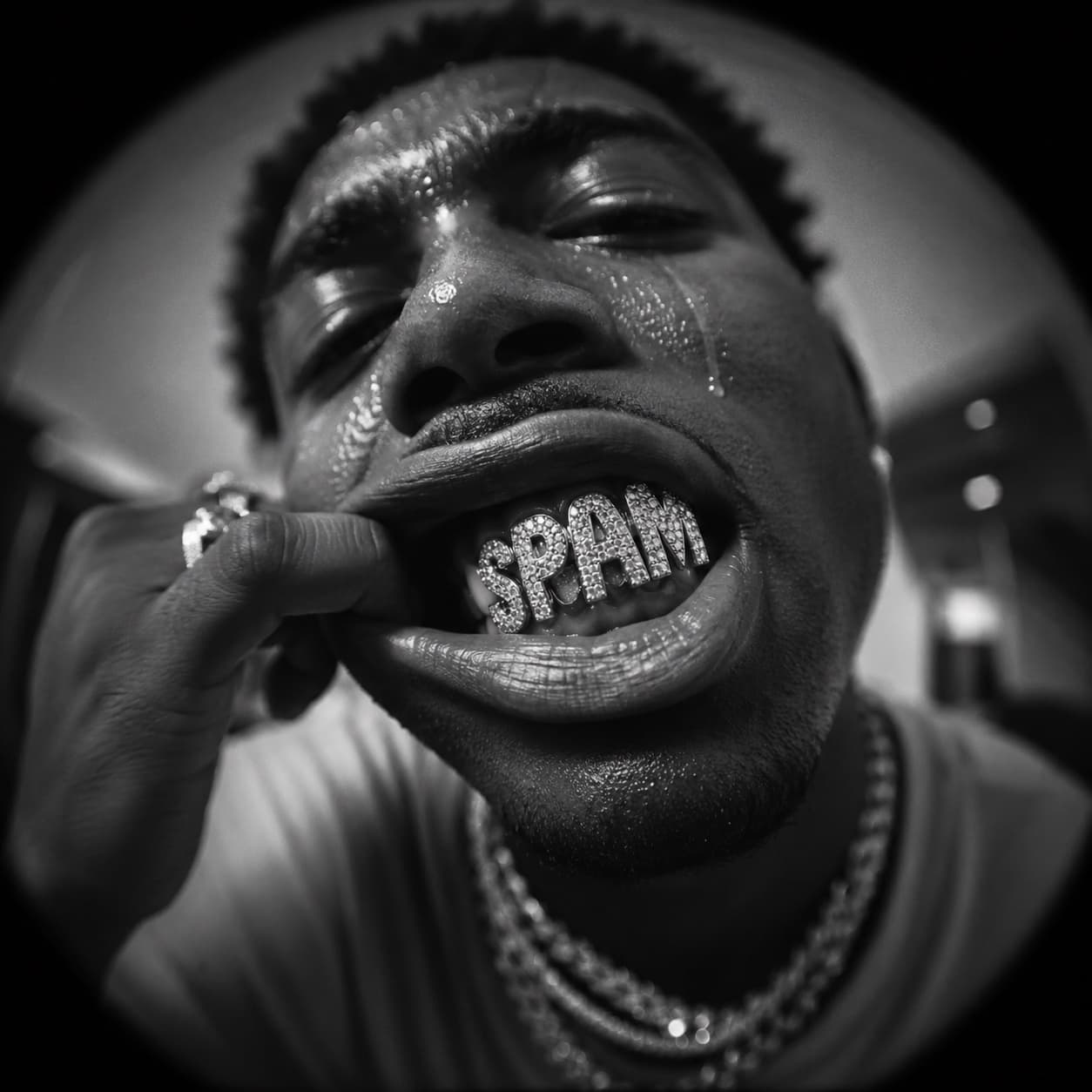 Retrato fisheye con grillz que deletrean SPAM